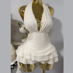 Viviblook Z523DS08 Party Dresses 2026 Summer New V-neck Hollowed Out Fluffy Strap Lace up Backless Mini Dress for Women