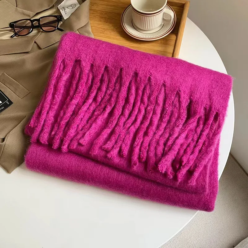 Winter Warm Large Plaid Solid Color Fringe Scarf for Women