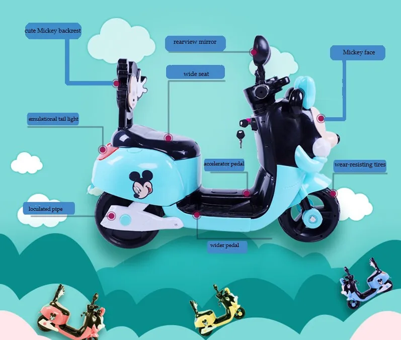 Kids Mini Electric Motorcycle With Cute Mickey Figure 3 Wheels Battery