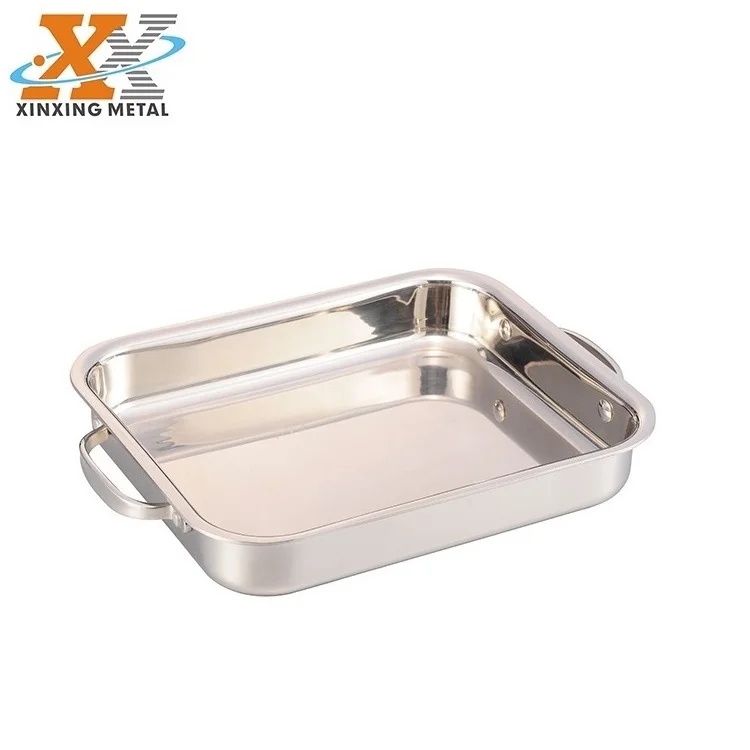 Hot Sale Tri Ply Stainless Steel Casting Handle Food Serving Rectangular Tray