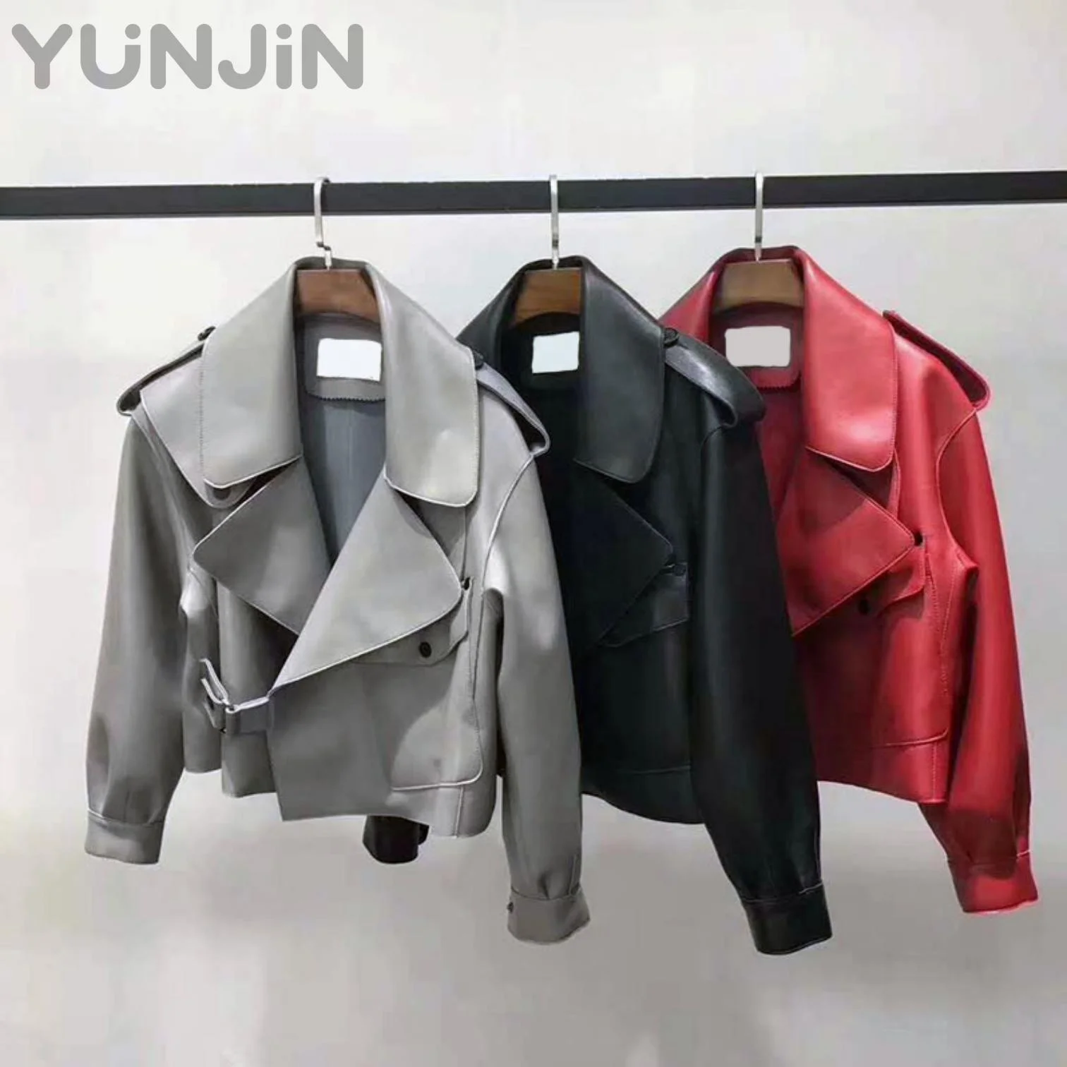 Fashion Women's Genuine Leather Jacket Sheepskin Biker Short