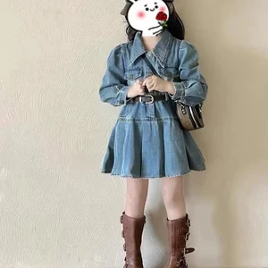2026 New Girls' Fashionable Retro Denim Dresses Long-Sleeved Cinched-Waist with Lapel and Belt Casual Kids Summer Dress