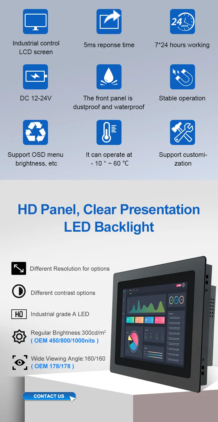 Wholesale Price 10/17 Inch Industrial Pure Flat Embedded Touch Screen PCAP EETI Capacitive Touchscreen Monitor Stock VESA Mount