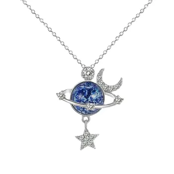 925 sterling silver fashion jewelry pendent necklaces Star Moon Zircon Space Planet Necklace