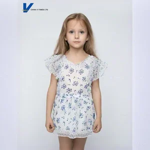Fresh White Denim Blue Floral Ruffled Collar and Cuff Tied Belt Casual Eco-friendly Girls' Summer Short-Sleeve Jumpsuit