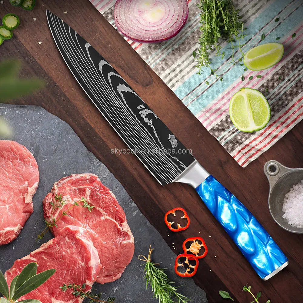 Sapphire Blue Resin Handle Japanese Damascus Knives Set Chef Knifes Set