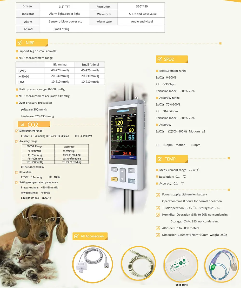Vetpro Sensor Portable Multi-Parameter Veterinary Monitor for Dogs and Cats