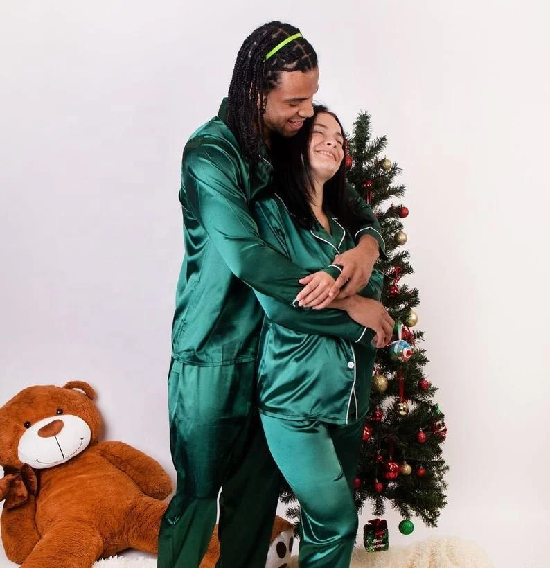 Adultos Niños Bebé Navidad Pijamas Manga larga Seda Rojo y verde