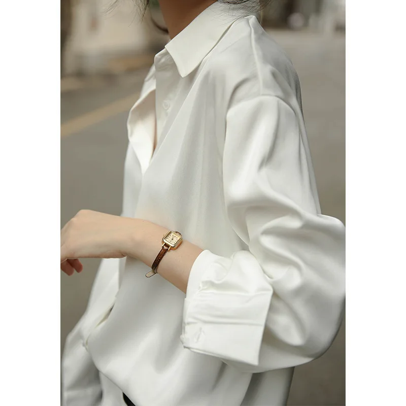 Long-sleeved Splicing Lapel Satin Shirt Women's Design Sense Niche Autumn New All-match Drape Top Vintage Hong Kong Style