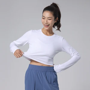 Women Fashion Trendy Workout Breathable Yoga Long Sleeve Crop Top Women T-Shirt Loose Hem Round Neck Gym Fitness Tight T Shirt