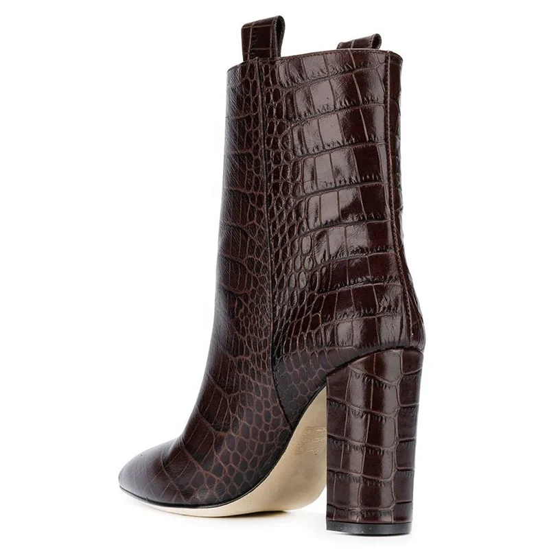 Crocodile Embossed Short Boot 2019 Women Chunky Heel Ankle Boots