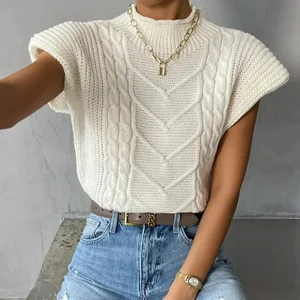 2024 White Shoulder Pads Pullover Knitted Loose INS Autumn Winter Casual Jumper Sexy Turtleneck Sleeveless Women Vest Sweater