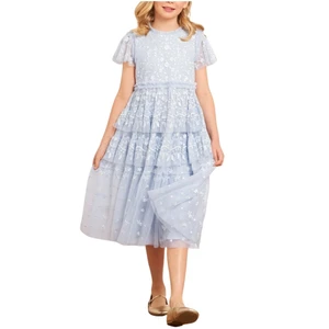 Elegant Children's Pale Blue Lace Evening Dress Girls Short Sleeves Knee Length Tulle Fluffy Gown