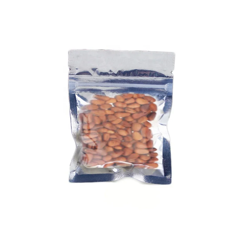 In Stock and Custom Front Clear Silver Aluminum Foil Metallic Flat Resealable Zip Lock Bag for Food Packaging
