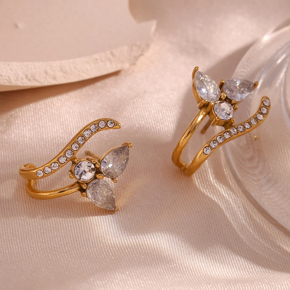 Water Proof Jewellery Flower Aaa Zircon Stud Earring Pvd Gold Plated