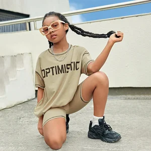 High Quality Hot Sale Soft Girls Custom Design Contrast Stitch Top & Biker Kids Shorts Set