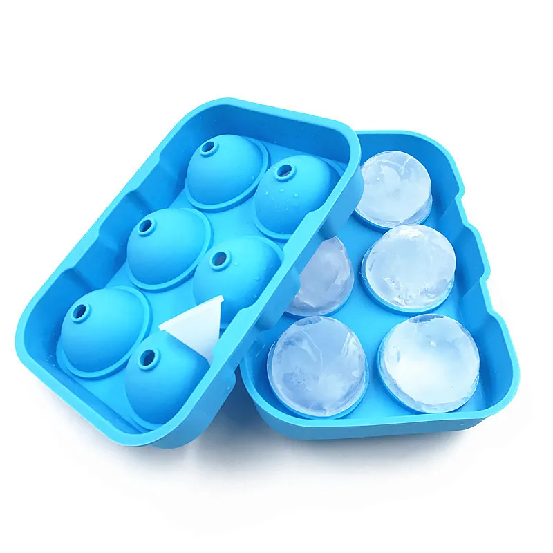 6 Holes Silicone  Round Ball Whiskey Ice Hockey Mold Ice Cube Tray With Lid NEW 