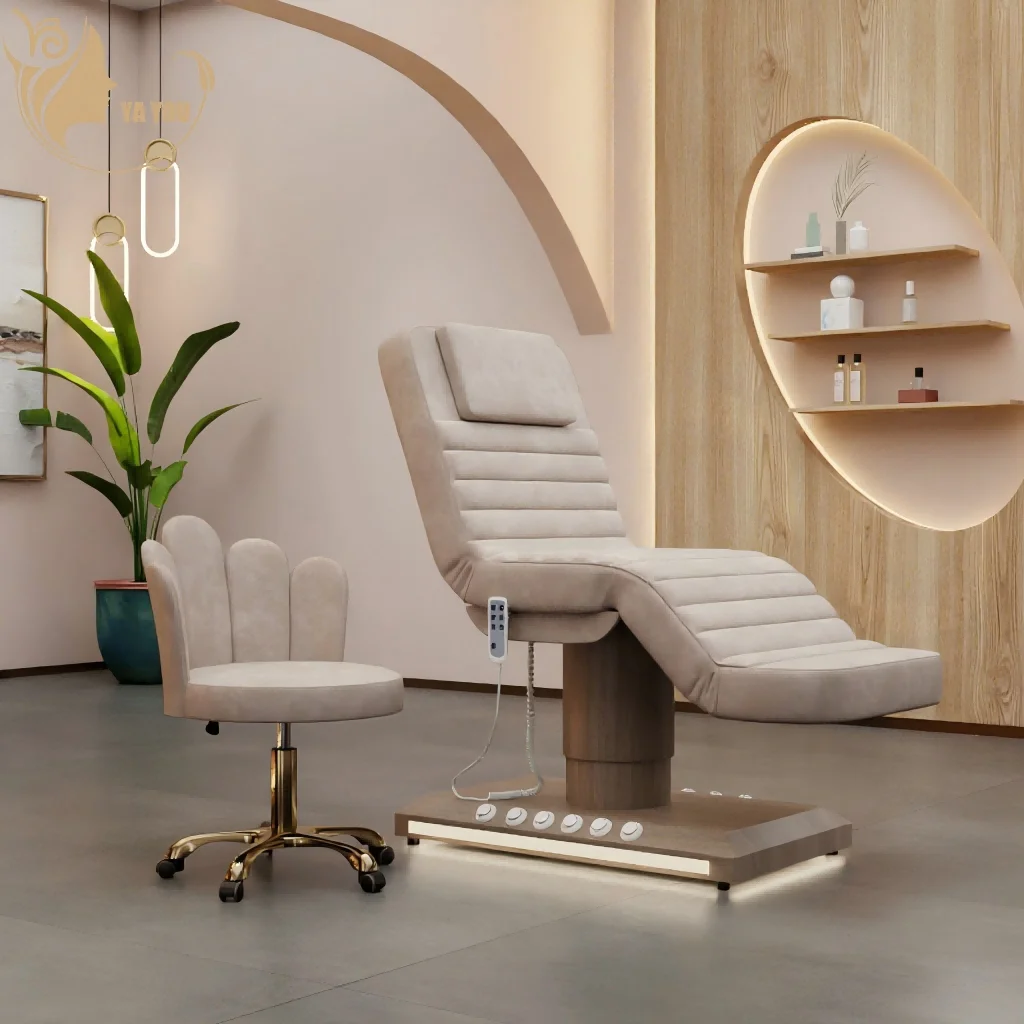 Wood Grain Foot Control LED Base 3 Motor Massage Beauty Bed Without Armrest Hair Washing Facial Bed CE for Medical Spa