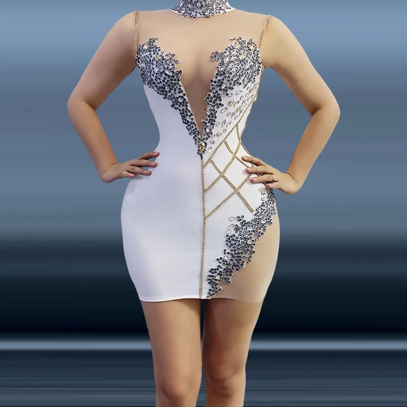 Wholesale Clothing China White Translucent Shiny Sequin Night Club Dresses  Sexy Women Hot Mini Club Party Fashion Prom Gown