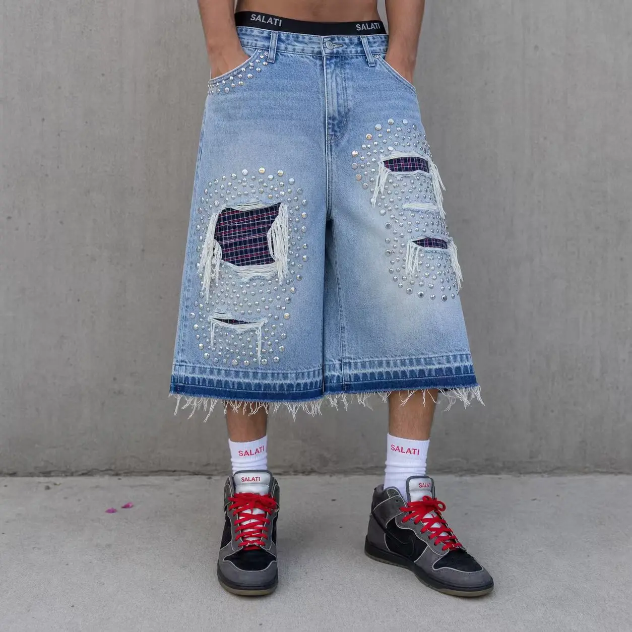 OEM Custom Mens Shorts Washed Denim Rhinestone Pearl Ripped Patchwork Raw Hem Baggy Wide Leg Streetwear Men Denim Shorts gallery 7