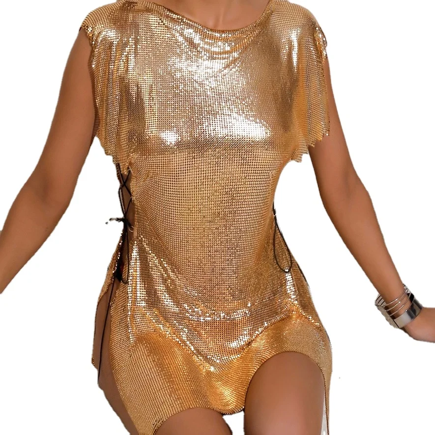 Golden Metallic Sequin Dress Sexy Tie up Skirt Club Dress