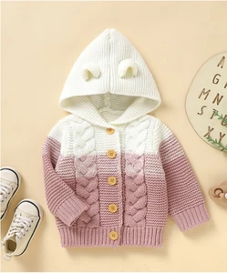Winter Custom Casual Single Breasted Knitted Cardigan Baby Sweater Toddler Boys Girls Long Sleeve Hooded Coat