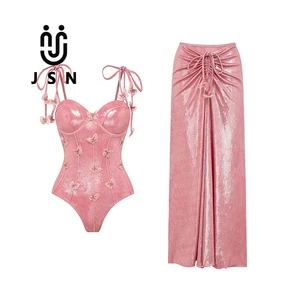 JSN  Retro Bikini Fashion One Piece Swimsuit and Cover up Skirt Women Luxury Elegant Rhinestone Swimwear