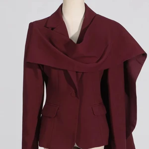 Avant  Garde Wine Red Blazer with Scarf - Like Overlay Design High Fashion Burgundy Blazer Asymmetric Drape Tailored Fit