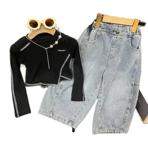 2026 Korean Casual Child Outfit Spring New Fashion Breathable Kids Irregular Long Sleeve Top Loose Jeans 2Pcs Girl Clothing Set