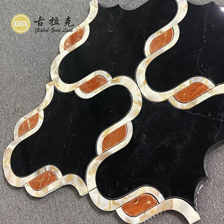 Black and Red Marble Mix Shell Waterjet Mosaic Tile Wall Decoration supplier