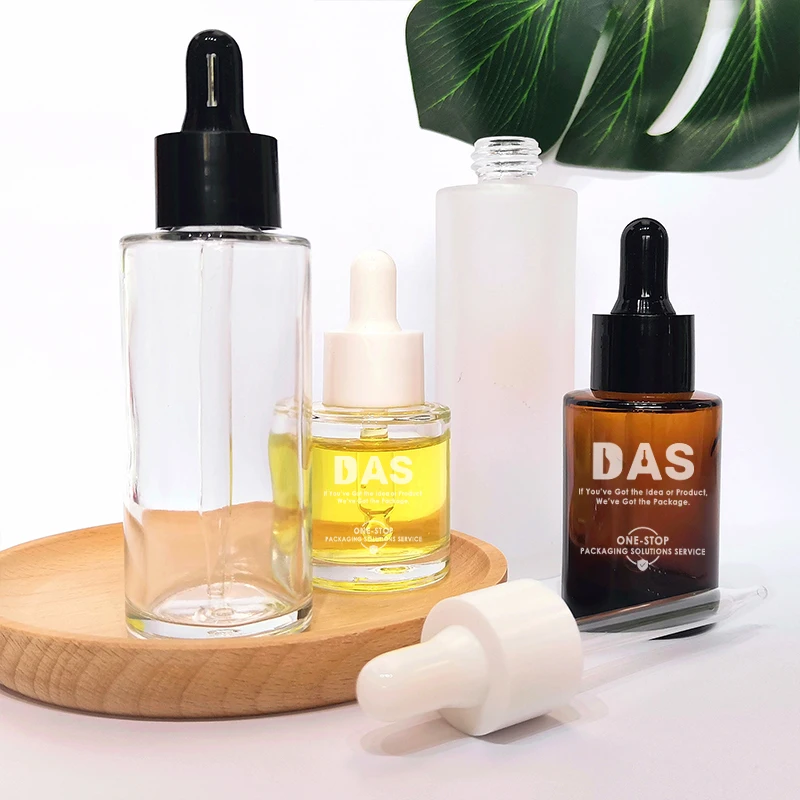 20ml 30ml Cosmetic Skincare Packaging Cylinder Clear Amber Beard Hair Essential Oil Serum Glass Dropper Bottle with Eye Dropper