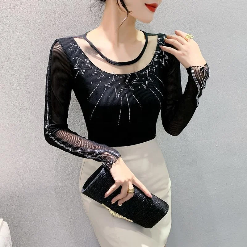 Women's Star Rhinestone Print Shiny Sequined Mesh Clothes Tee Tops  Nightclub Casual Long Sleeve Shirts Party T-shirt