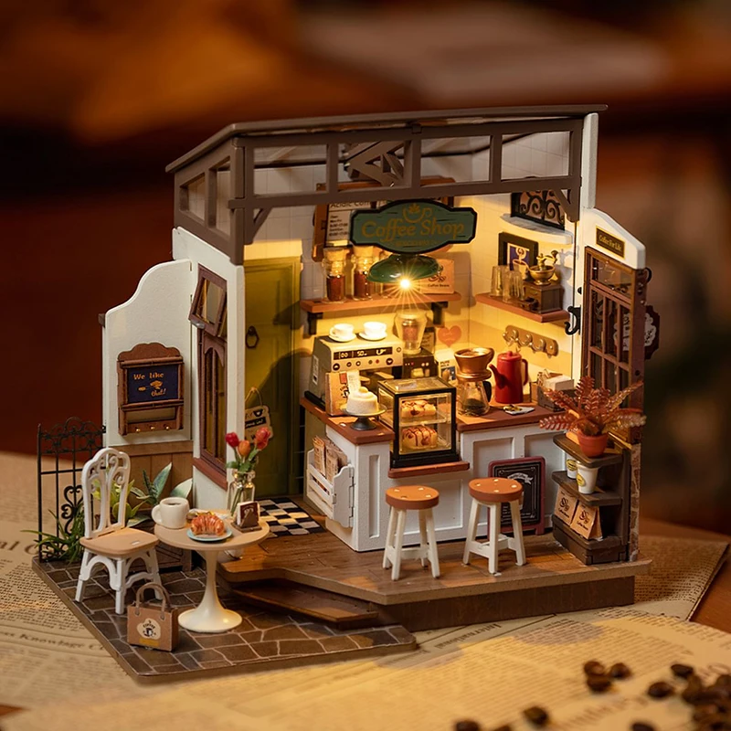 Robotime Rolife DIY Puzzle Kit DG162 Slow Life Cafe House 3D Wooden Handmade Miniature Dollhouse