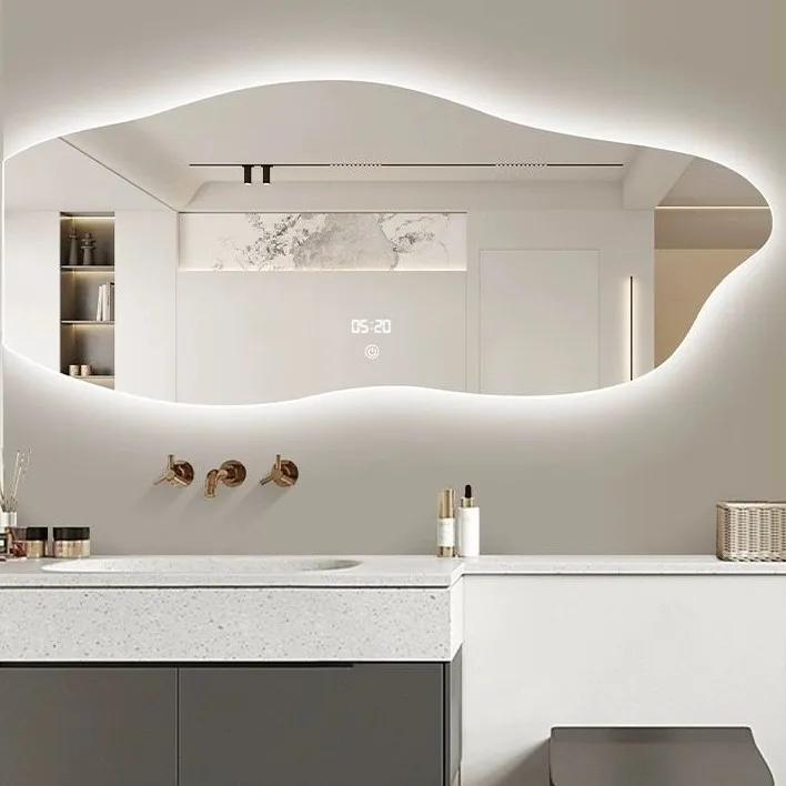 Smart LED Backlit Frameless Glass Irregular Shape Mirror for Interior Bedroom Dressing & Living Room Wall Hanging Decoration