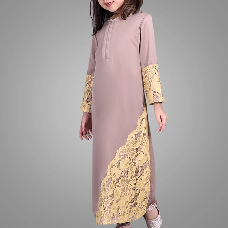 Wholesale Lace Applique Muslim Kids Abaya Newest Saudi Arabic Girls Dress High Quality Islamic Kaftans Jilbab Malaysia Clothing