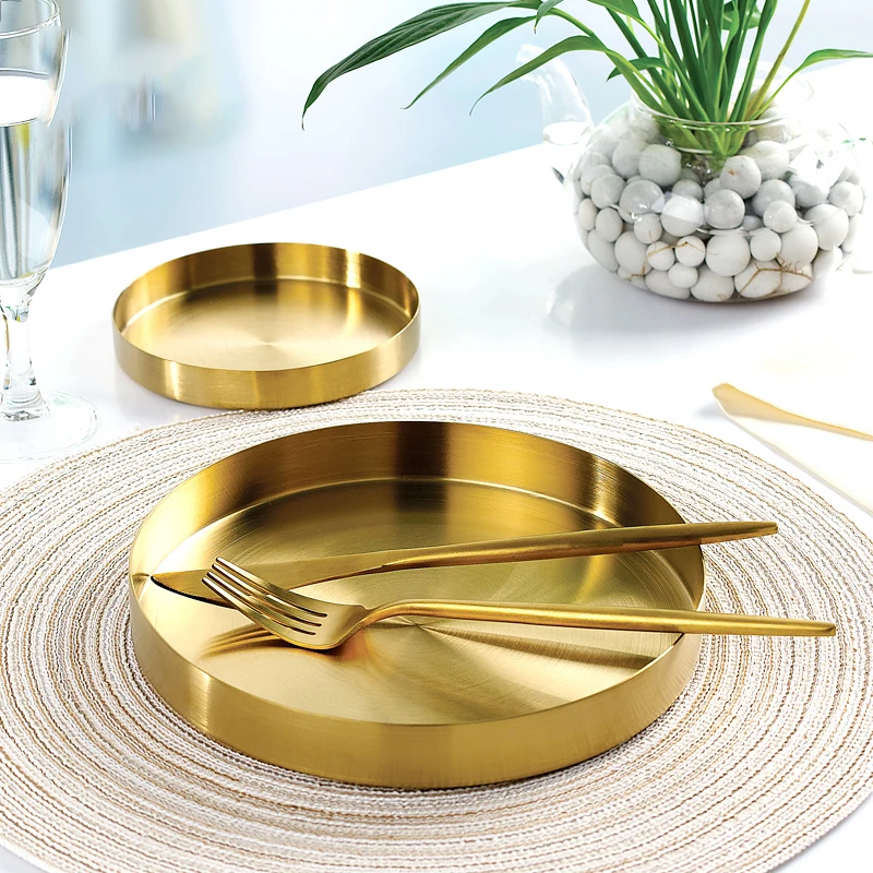 Luxury Golden stainless steel tray metal tray matte finished round plate