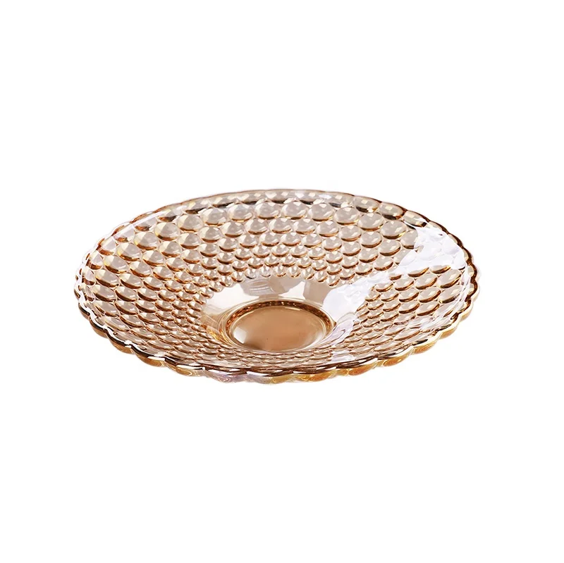 India Classic Fish Scale Round Shape Electroplated Colored Glass Fruit Plate Table Dish Storage Glass Pink Dish for Decoration