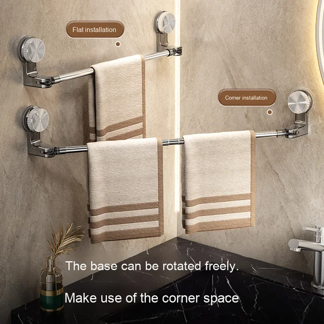 Single-Tier Metal Rotating No-Drill Towel Rack Retractable Suction Cup Hook Storage Organizer for Bathroom Easy Hanging Towel