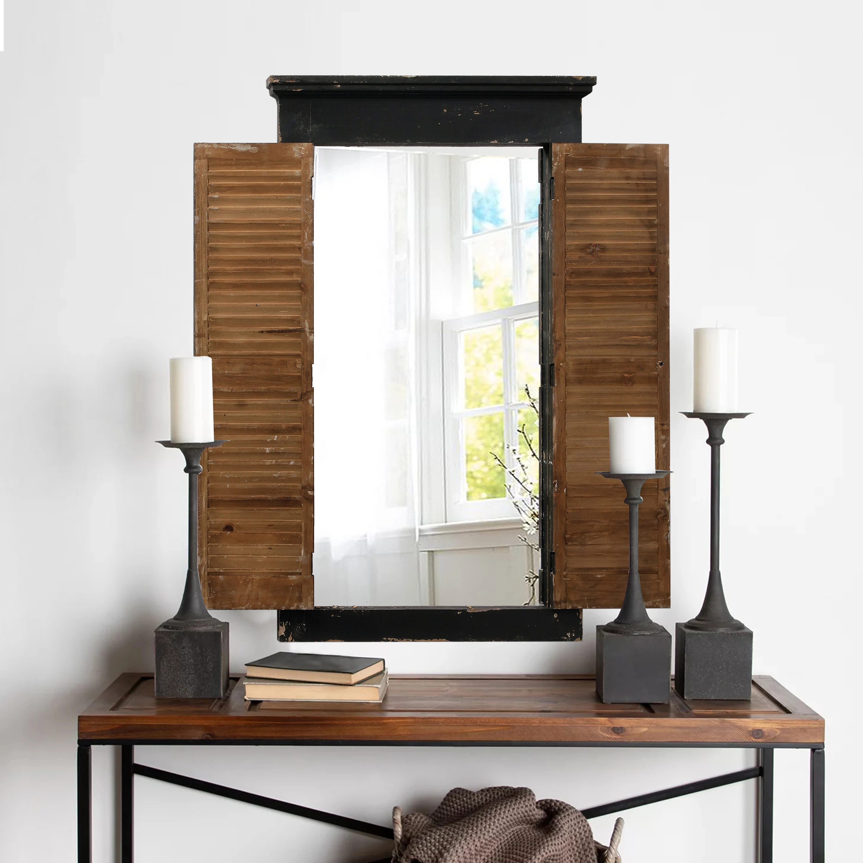 Farmhouse Handmade Custom Shutter Mirrors Espejo Shabby Chic Decorative Rustic Black Shutter Wood Wall Mirror With French Doors