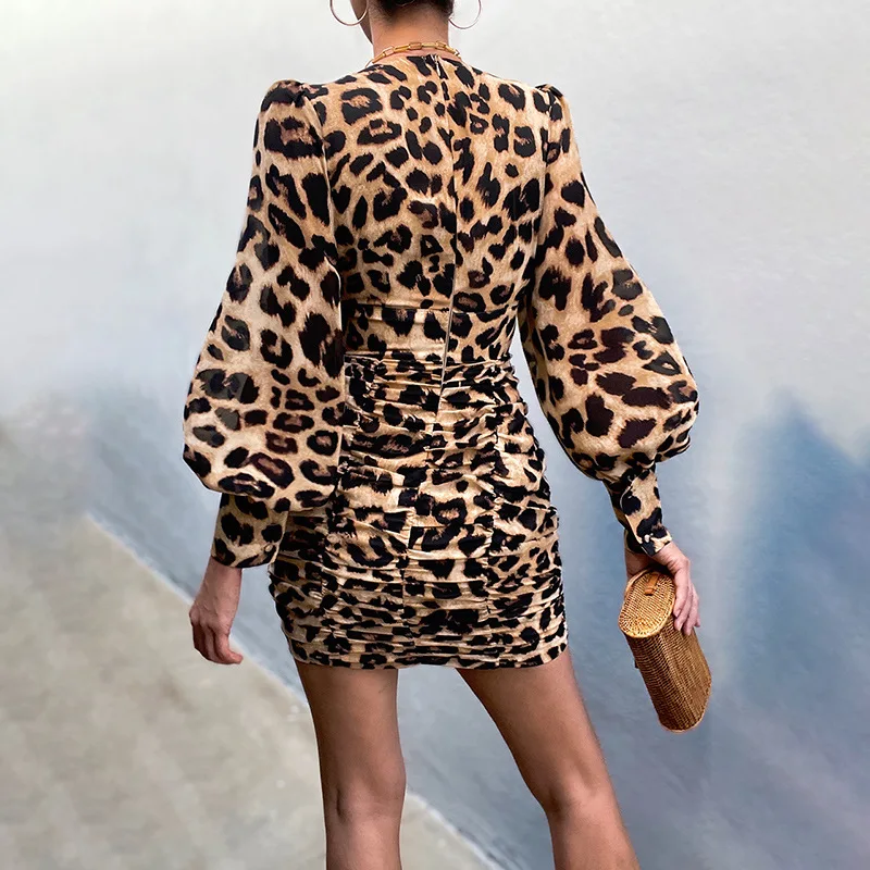 Fall Fashion Sexy Long Sleeve Ruched Leopard Mini Dresses Women Casual Lady  Elegant Floral Print Bodycon Dress Club C13870