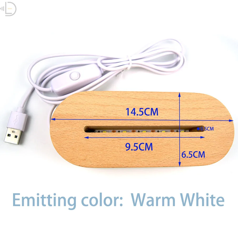 New Oval Wood Base with USB Cable White Warm White for 3D Visual LED Night Light