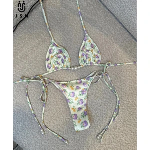 JSN 2026 New Design Women's Sexy Floral Printed Pearl beading two piece thongs Bikini Set halter backless fashionable swimwear
