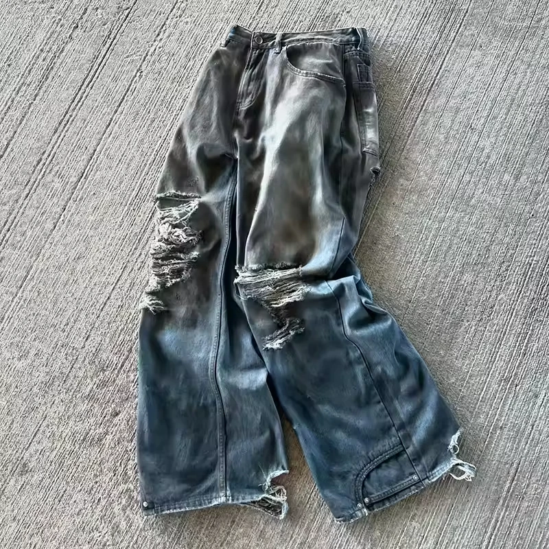 SALATI Street Wear Custom Vintage Wash Hole Baggy Ripped Distressed Jeans Denim Pants for Men Trousers gallery 6