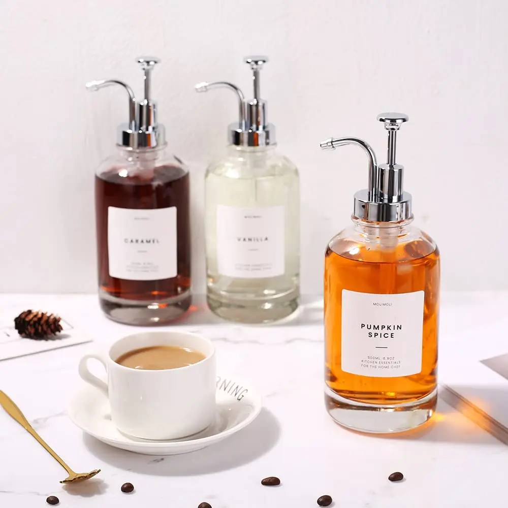 Factory Direct 250ml/500ml Gold Pump Dispenser Tea/Coffee/Honey Syrup/Tequila/Water/Energy Drink Packaging Screw Glass Bottle