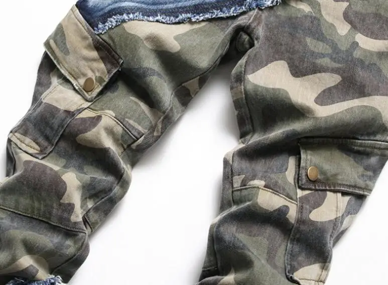 Wholesale slim fit elastic camouflage patchwork denim pant men's fashion trend small leg jeans