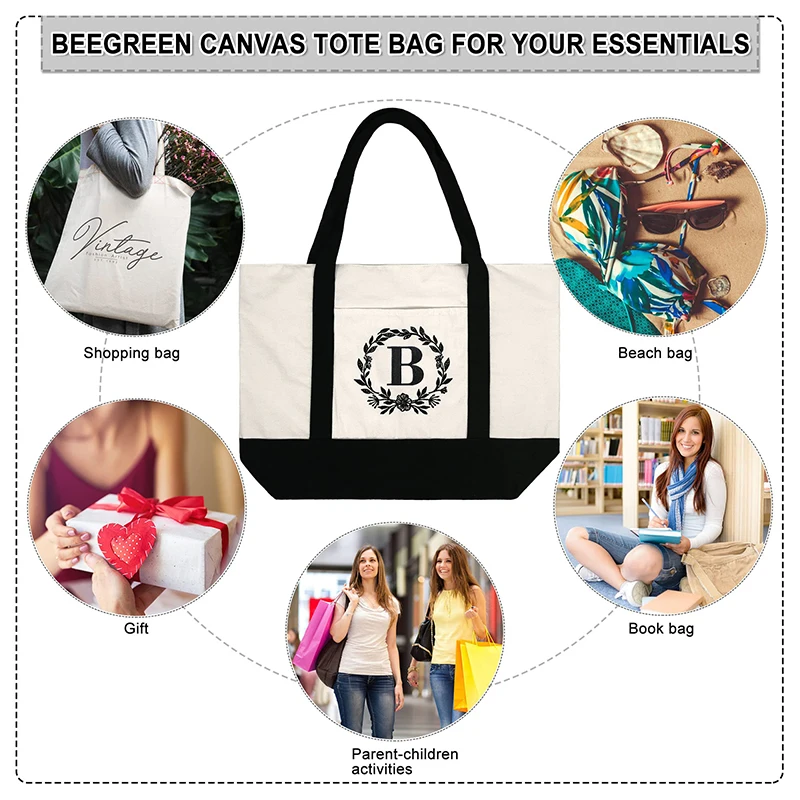 BeeGreen Black 12oz Canvas Tote Bags for Women Large