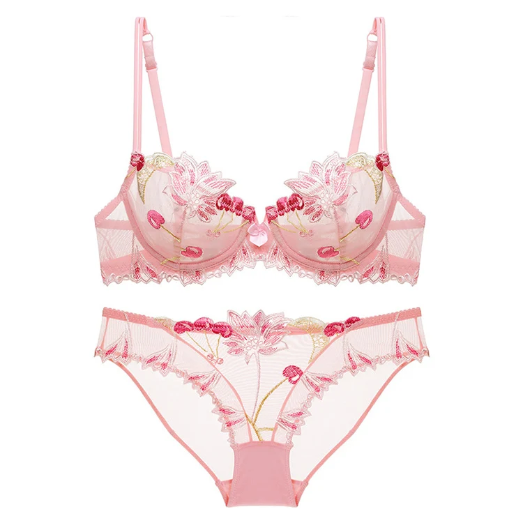 Nanier Sexy Women's Thin Transparent Lace Bra Set - (Pink 34B)