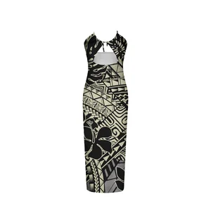 Customizable Breathable Polynesian Puletasi Bodycon Dress Tapa Print Design Halter Hollow Floor-Length Samoan Style Women's