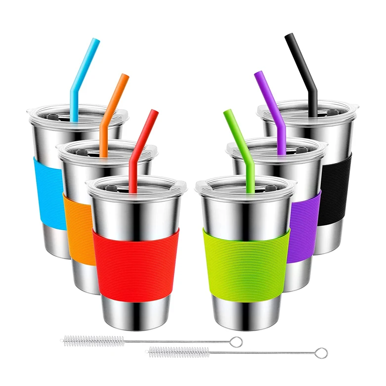Unbreakable Reusable Tumblers Straw Spill Proof 16OZ Water Drinking Single Wall Cups Kids Stainless Steel Cup with Sleeve