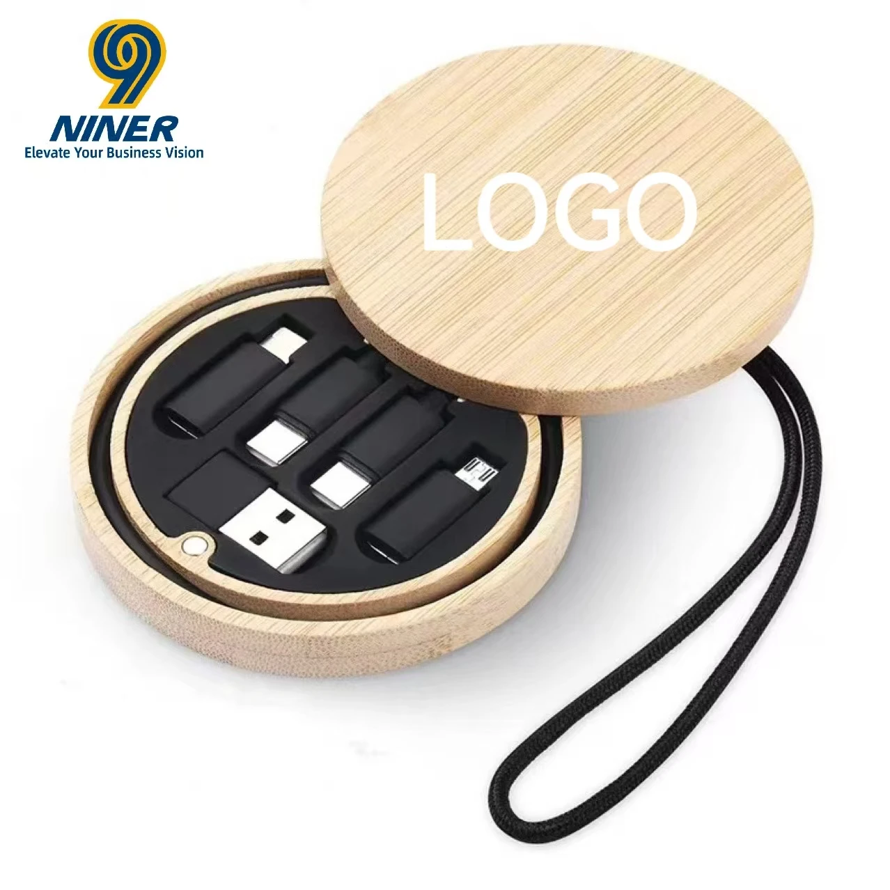 Customizable Logo Wheat Straw Charging Cable Polished Bamboo Storage Box Handle for Portable Device Power Transfer-Promotional